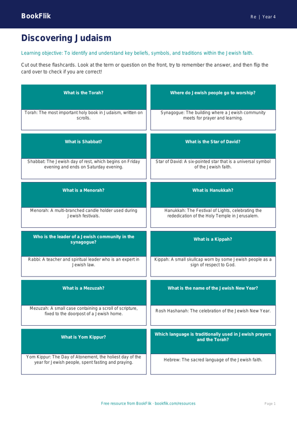 Free Judaism Flashcards | Year 4 Core | BookFlik worksheet preview — Re Judaism
