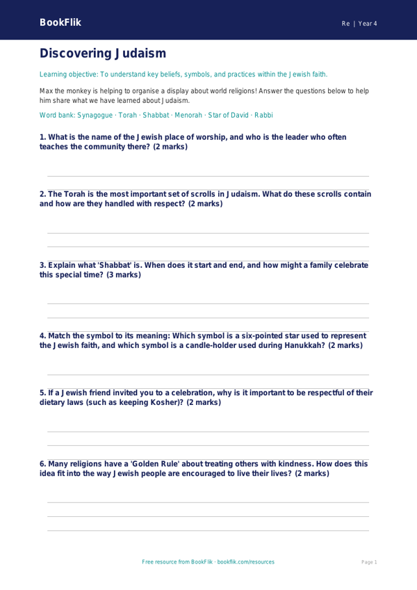 Free Judaism Worksheet | Year 4 Core | BookFlik worksheet preview — Re Judaism