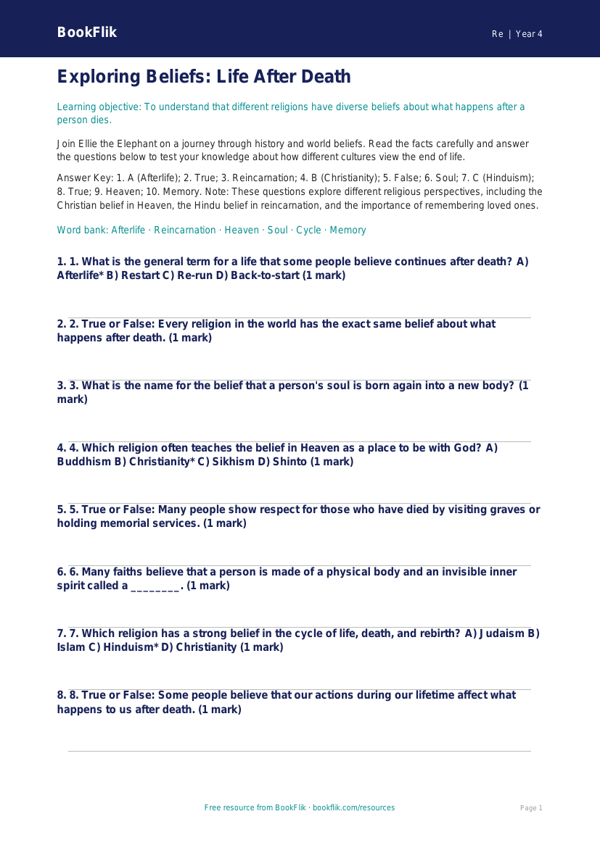Free Life After Death Quiz | Year 4 Core | BookFlik worksheet preview — Re Life After Death