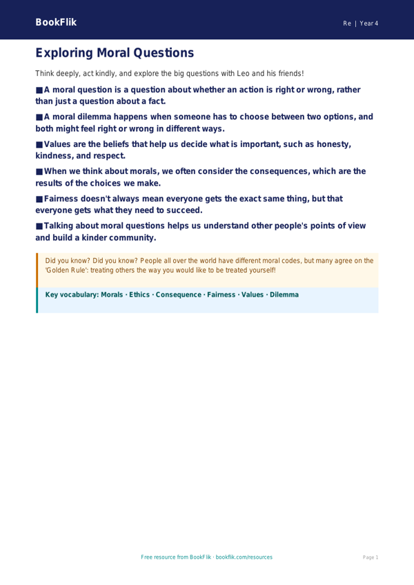 Free Moral Questions Poster | Year 4 Core | BookFlik worksheet preview — Re Moral Questions