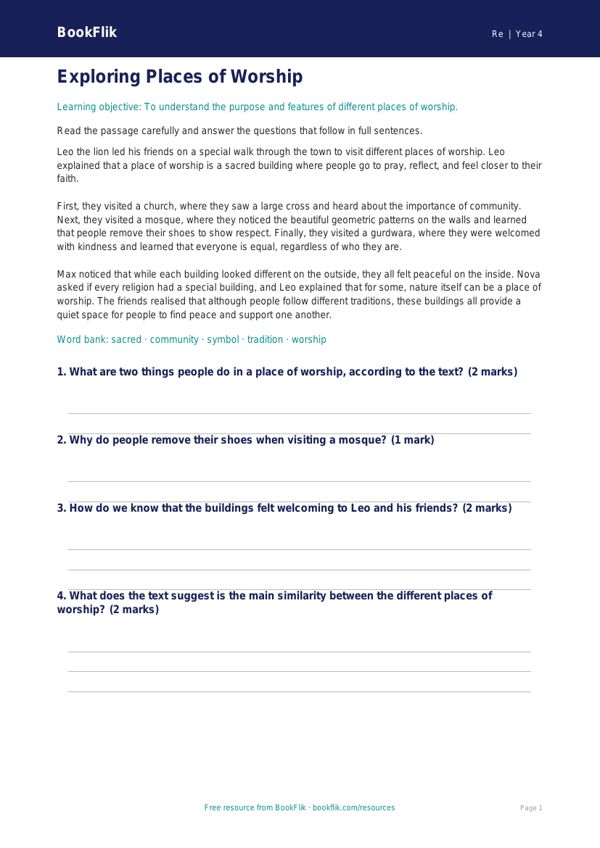 Free Places Of Worship Comprehension | Year 4 Core | BookFlik worksheet preview — Re Places Of Worship