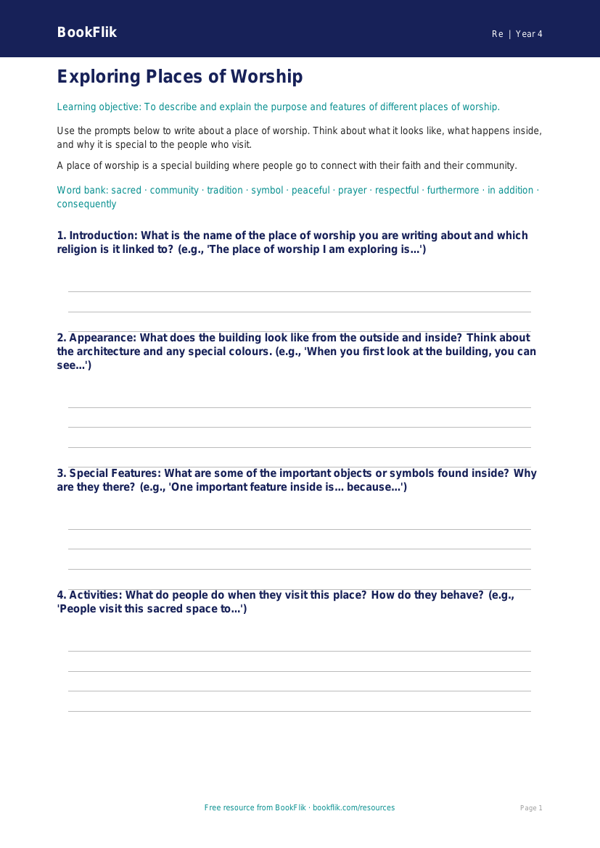 Free Places Of Worship Writing Frame | Year 4 Core | BookFlik worksheet preview — Re Places Of Worship