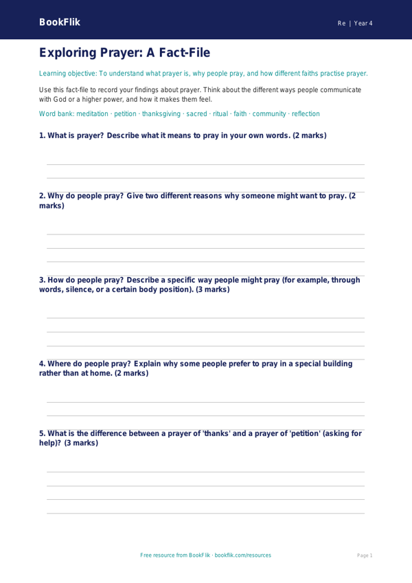 Free Prayer Template | Year 4 Core | BookFlik worksheet preview — Re Prayer