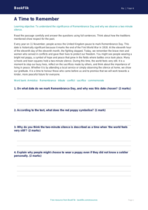 Free Remembrance Day Comprehension | Year 4 Core | BookFlik