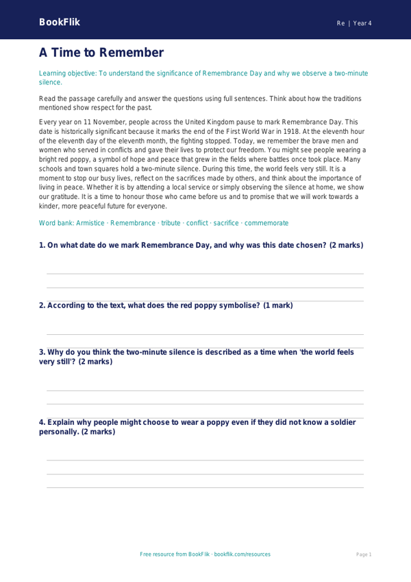 Free Remembrance Day Comprehension | Year 4 Core | BookFlik worksheet preview — Re Remembrance Day