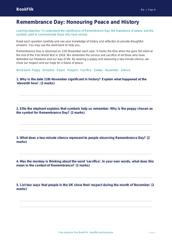 Free Remembrance Day Worksheet | Year 4 Core | BookFlik worksheet preview — Re Remembrance Day