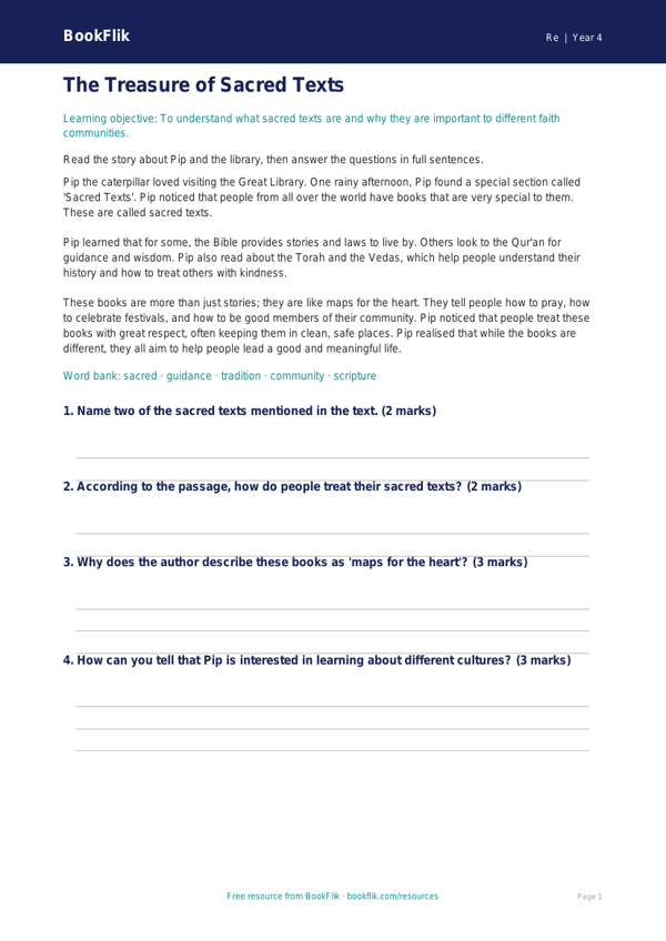 Free Sacred Texts Comprehension | Year 4 Core | BookFlik worksheet preview — Re Sacred Texts
