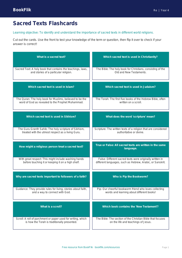Free Sacred Texts Flashcards | Year 4 Core | BookFlik worksheet preview — Re Sacred Texts