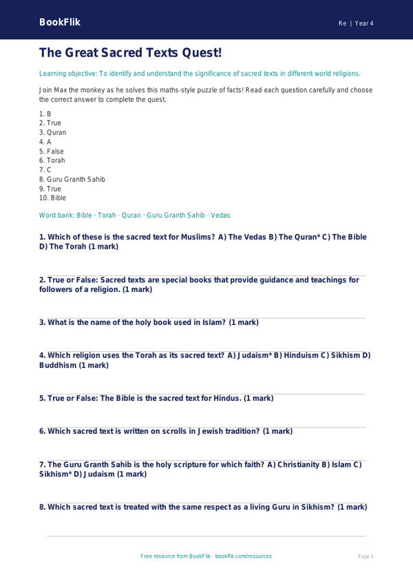Free Sacred Texts Quiz | Year 4 Core | BookFlik worksheet preview — Re Sacred Texts