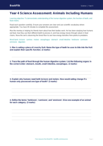 Free Animals Including Humans Assessment | Year 4 Greater Depth | BookFlik