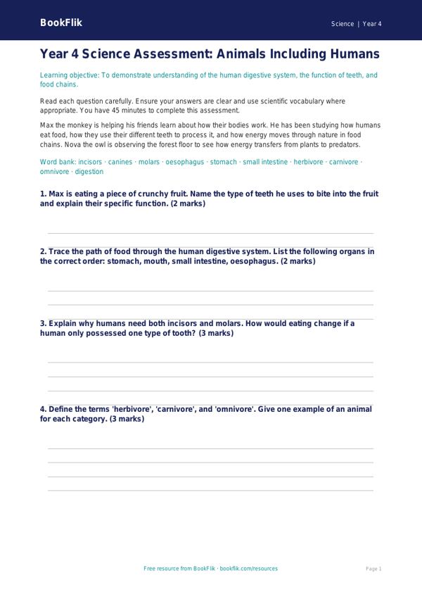 Free Animals Including Humans Assessment | Year 4 Greater Depth | BookFlik worksheet preview — Science Animals Including Humans
