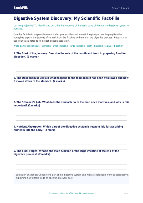 Free Animals Including Humans Template | Year 4 Core | BookFlik worksheet preview — Science Animals Including Humans