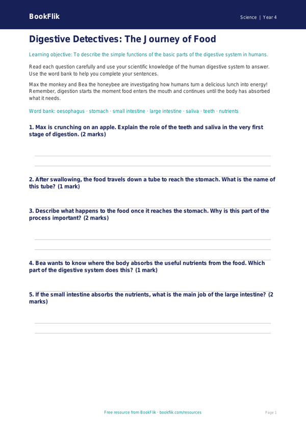 Free Animals Including Humans Worksheet | Year 4 Core | BookFlik worksheet preview — Science Animals Including Humans