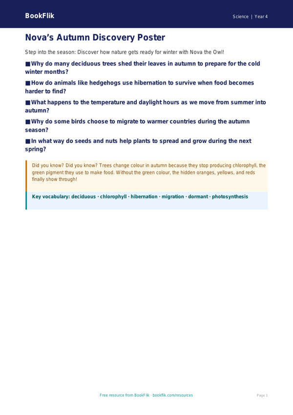 Free Autumn Science Poster | Year 4 Core | BookFlik worksheet preview — Science Autumn Science
