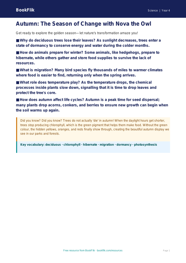 Free Autumn Science Poster | Year 4 Greater Depth | BookFlik worksheet preview — Science Autumn Science