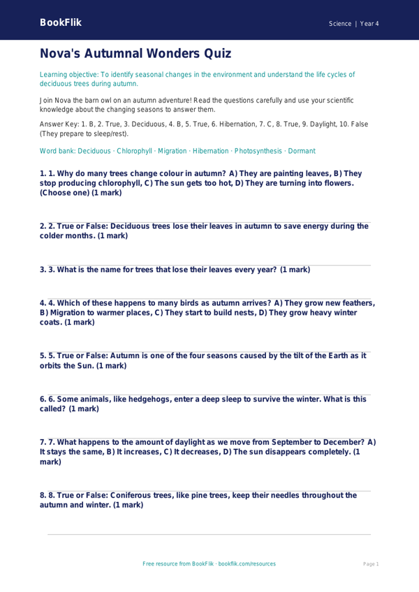 Free Autumn Science Quiz | Year 4 Core | BookFlik worksheet preview — Science Autumn Science