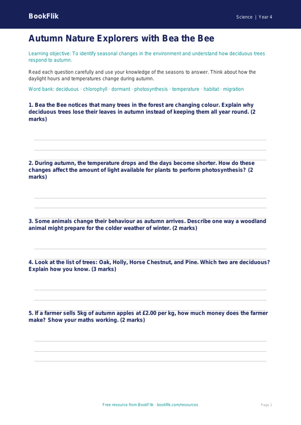 Free Autumn Science Worksheet | Year 4 Core | BookFlik worksheet preview — Science Autumn Science