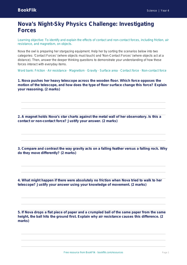 Free Forces Activity Sheet | Year 4 Greater Depth | BookFlik worksheet preview — Science Forces