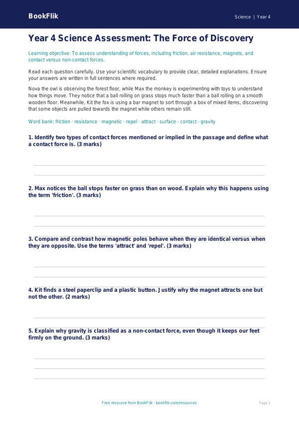 Free Forces Assessment | Year 4 Greater Depth | BookFlik worksheet preview — Science Forces