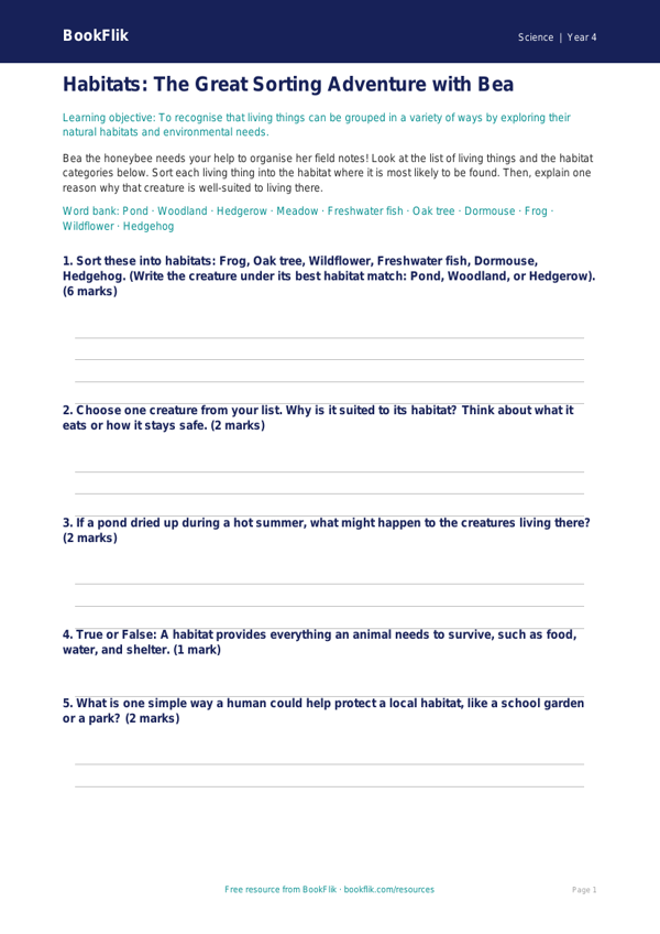 Free Habitats Activity Sheet | Year 4 Core | BookFlik worksheet preview — Science Habitats