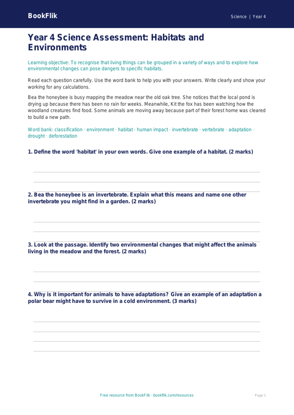 Free Habitats Assessment | Year 4 Core | BookFlik worksheet preview — Science Habitats