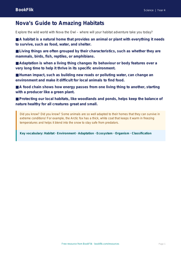 Free Habitats Poster | Year 4 Science Worksheet | BookFlik worksheet preview — Science Habitats