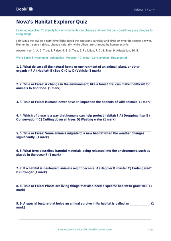 Free Habitats Quiz | Year 4 Core | BookFlik worksheet preview — Science Habitats