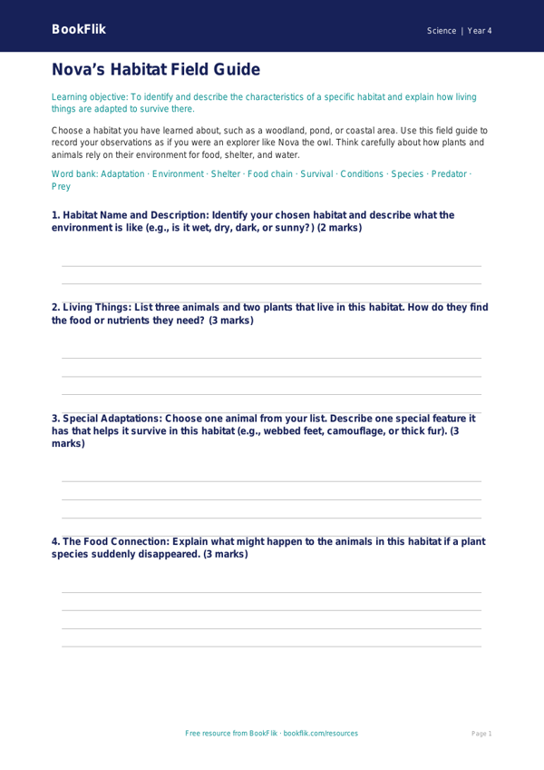 Free Habitats Template | Year 4 Core | BookFlik worksheet preview — Science Habitats