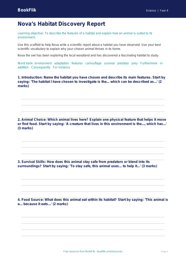 Free Habitats Writing Frame | Year 4 Core | BookFlik worksheet preview — Science Habitats