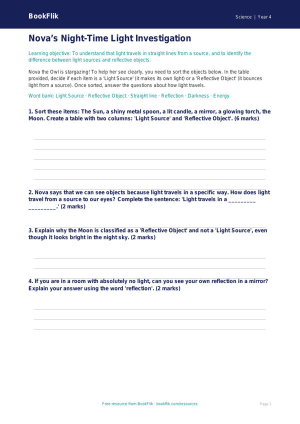 Free Light Activity Sheet | Year 4 Core | BookFlik worksheet preview — Science Light