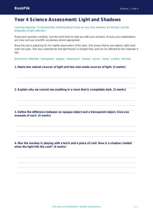 Free Light Assessment | Year 4 Science Worksheet | BookFlik worksheet preview — Science Light
