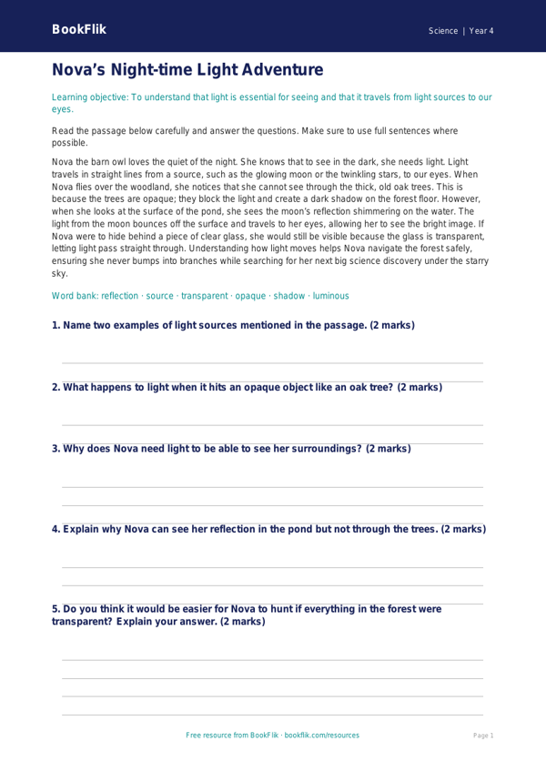 Free Light Comprehension | Year 4 Core | BookFlik worksheet preview — Science Light