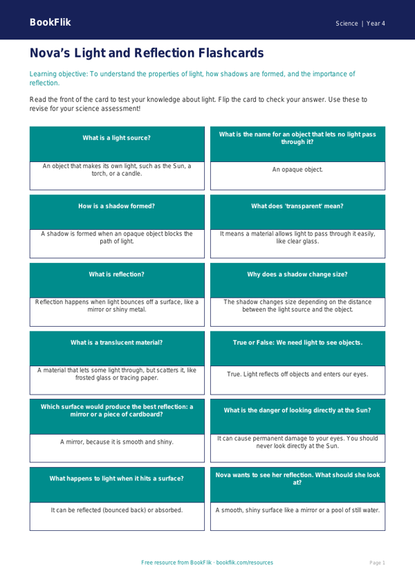 Free Light Flashcards | Year 4 Science Worksheet | BookFlik worksheet preview — Science Light