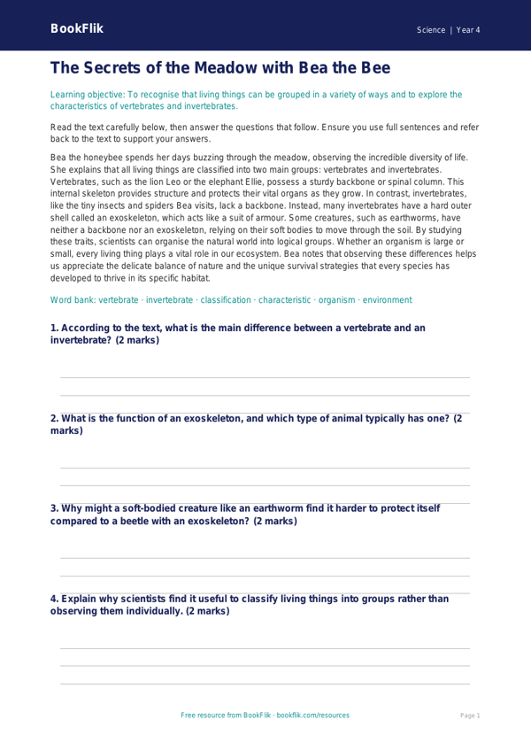 Free Living Things Comprehension | Year 4 Greater Depth | BookFlik worksheet preview — Science Living Things