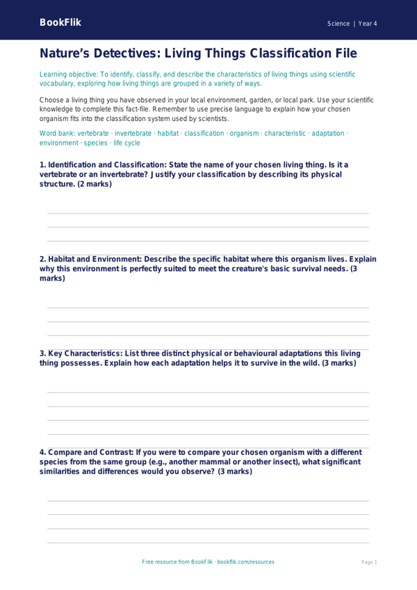 Free Living Things Template | Year 4 Greater Depth | BookFlik worksheet preview — Science Living Things