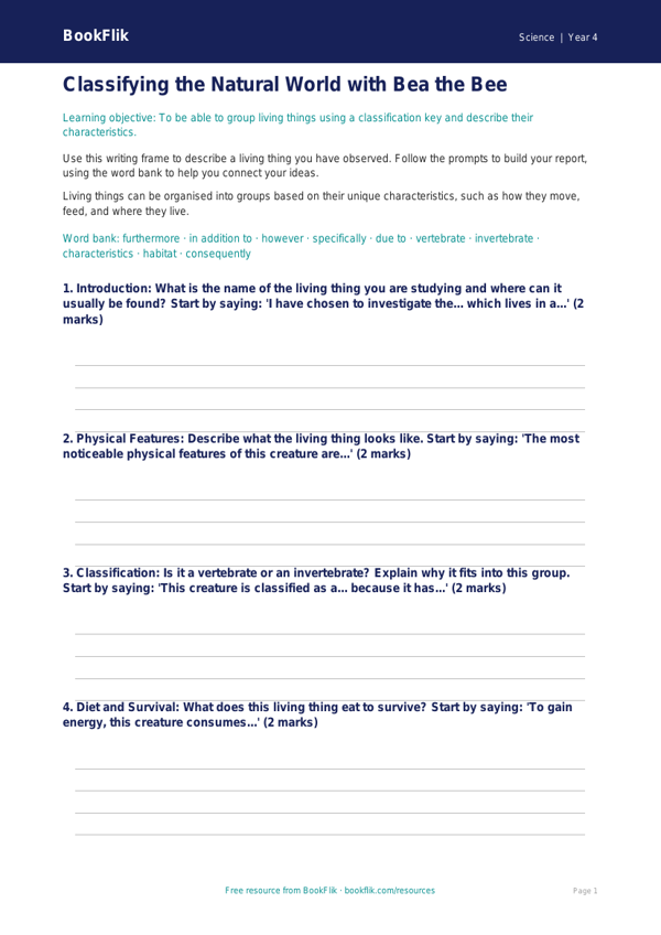 Free Living Things Writing Frame | Year 4 Core | BookFlik worksheet preview — Science Living Things