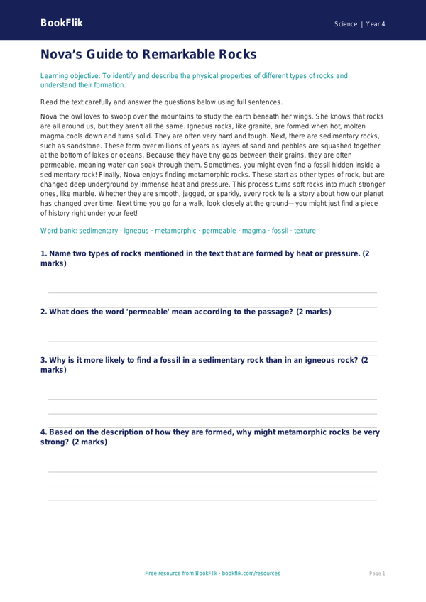 Free Rocks Comprehension | Year 4 Core | BookFlik worksheet preview — Science Rocks