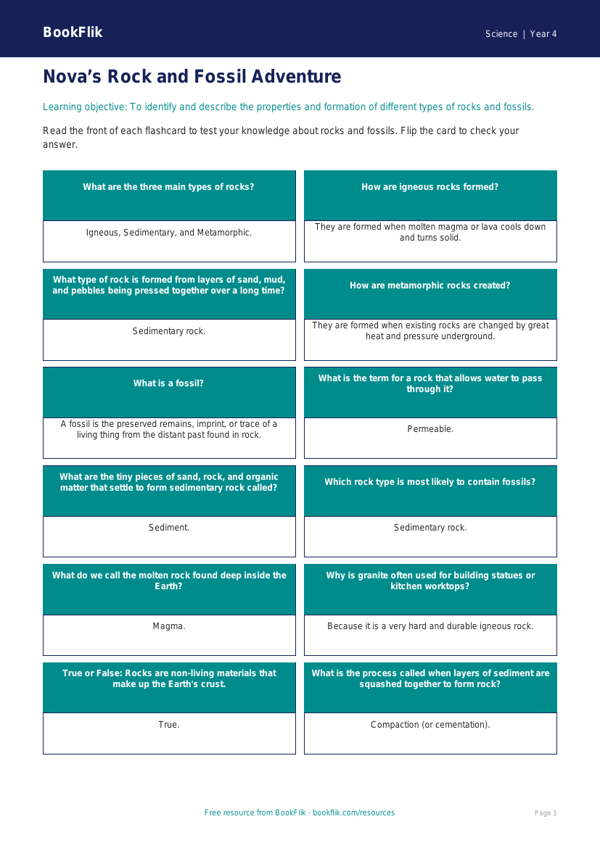 Free Rocks Flashcards | Year 4 Science Worksheet | BookFlik worksheet preview — Science Rocks