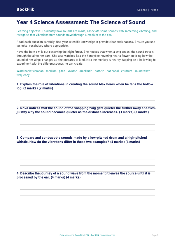 Free Sound Assessment | Year 4 Greater Depth | BookFlik worksheet preview — Science Sound