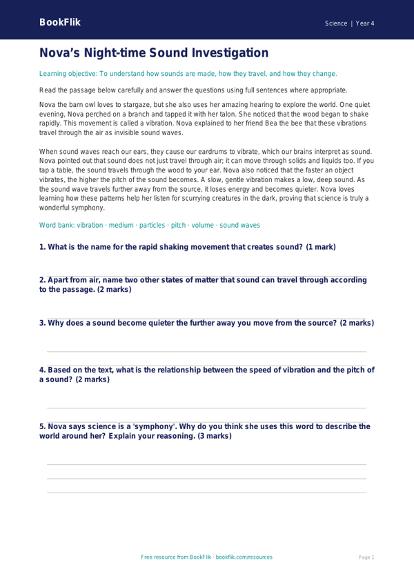 Free Sound Comprehension Worksheet | Year 4 Science | BookFlik worksheet preview — Science Sound