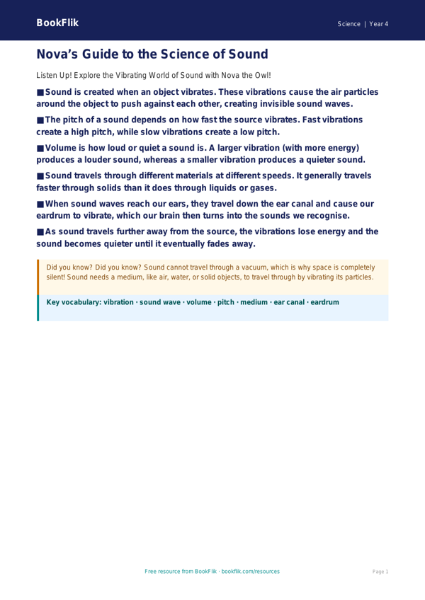 Free Sound Poster | Year 4 Science Worksheet | BookFlik worksheet preview — Science Sound
