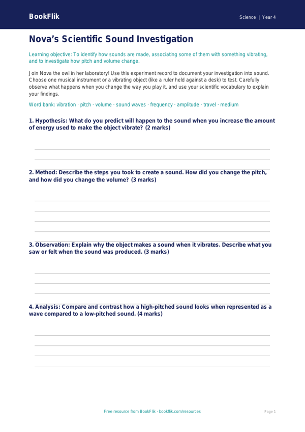 Free Sound Template | Year 4 Greater Depth | BookFlik worksheet preview — Science Sound