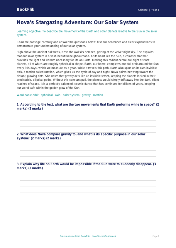 Free Space Comprehension | Year 4 Greater Depth | BookFlik worksheet preview — Science Space