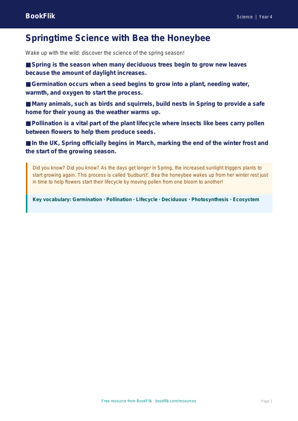 Free Spring Science Poster | Year 4 Core | BookFlik worksheet preview — Science Spring Science