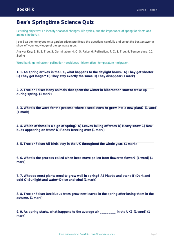 Free Spring Science Quiz | Year 4 Core | BookFlik worksheet preview — Science Spring Science