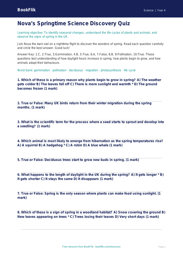 Free Spring Science Quiz | Year 4 Greater Depth | BookFlik worksheet preview — Science Spring Science