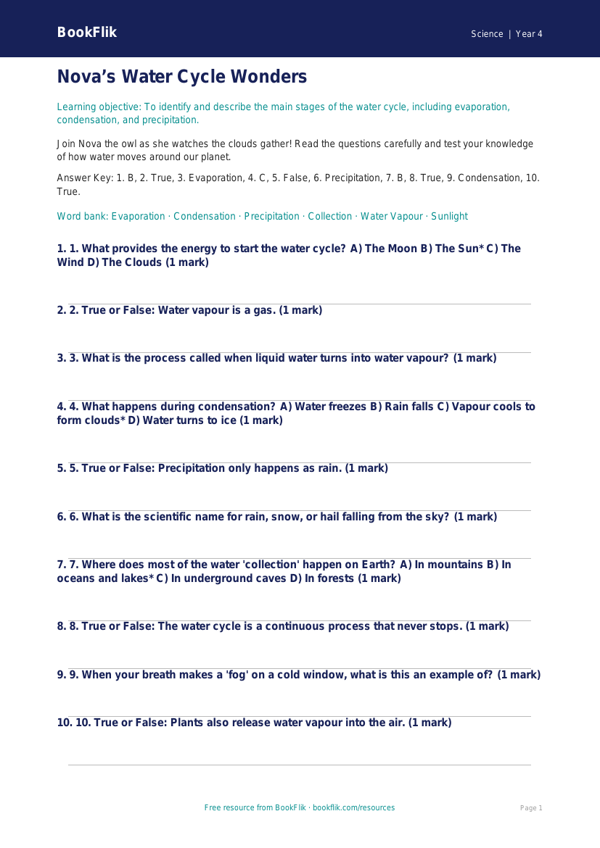 Free Water Cycle Quiz | Year 4 Core | BookFlik worksheet preview — Science Water Cycle