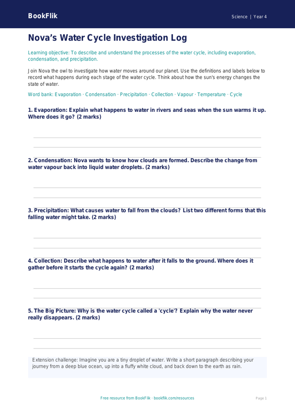 Free Water Cycle Worksheet | Year 4 Science Printables | BookFlik worksheet preview — Science Water Cycle