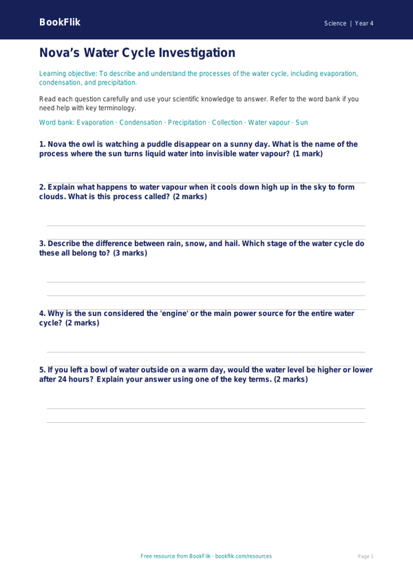 Free Water Cycle Worksheet | Year 4 Core | BookFlik worksheet preview — Science Water Cycle