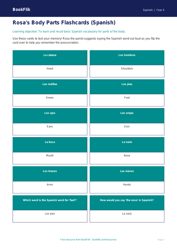 Free Body Parts Flashcards | Year 4 Core | BookFlik worksheet preview — Spanish Body Parts